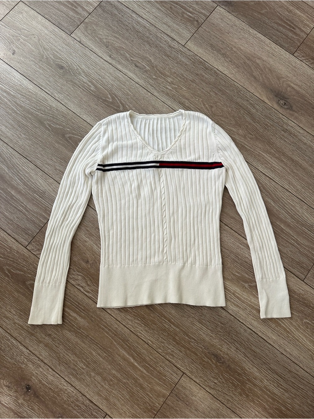 Tommy Hilfiger Cream Braided V-Neck Ribbed Sweater (No Tag)